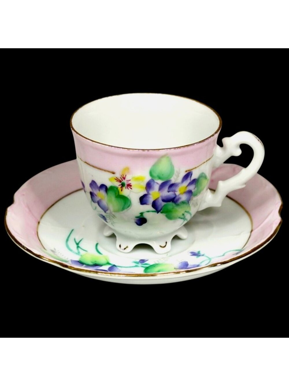 Hal-Sey Fifth Ave Violets Teacup & Saucer Footed Pink Rim Gold Trim Vintage